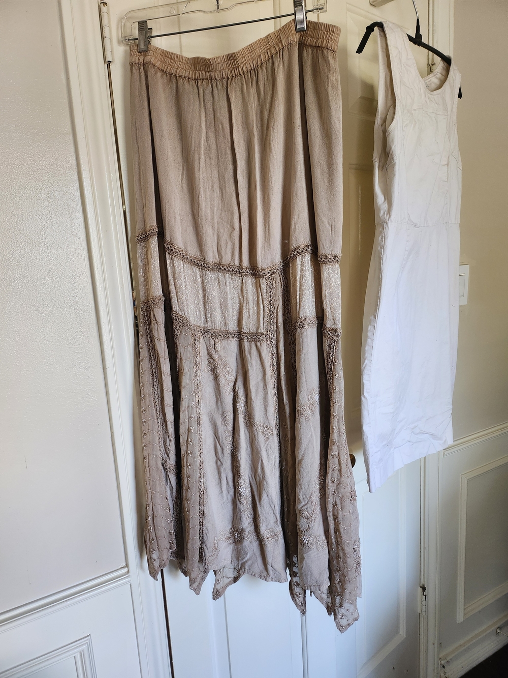 Sacred Threads Taupe Embroidered Tiered Maxi Skirt